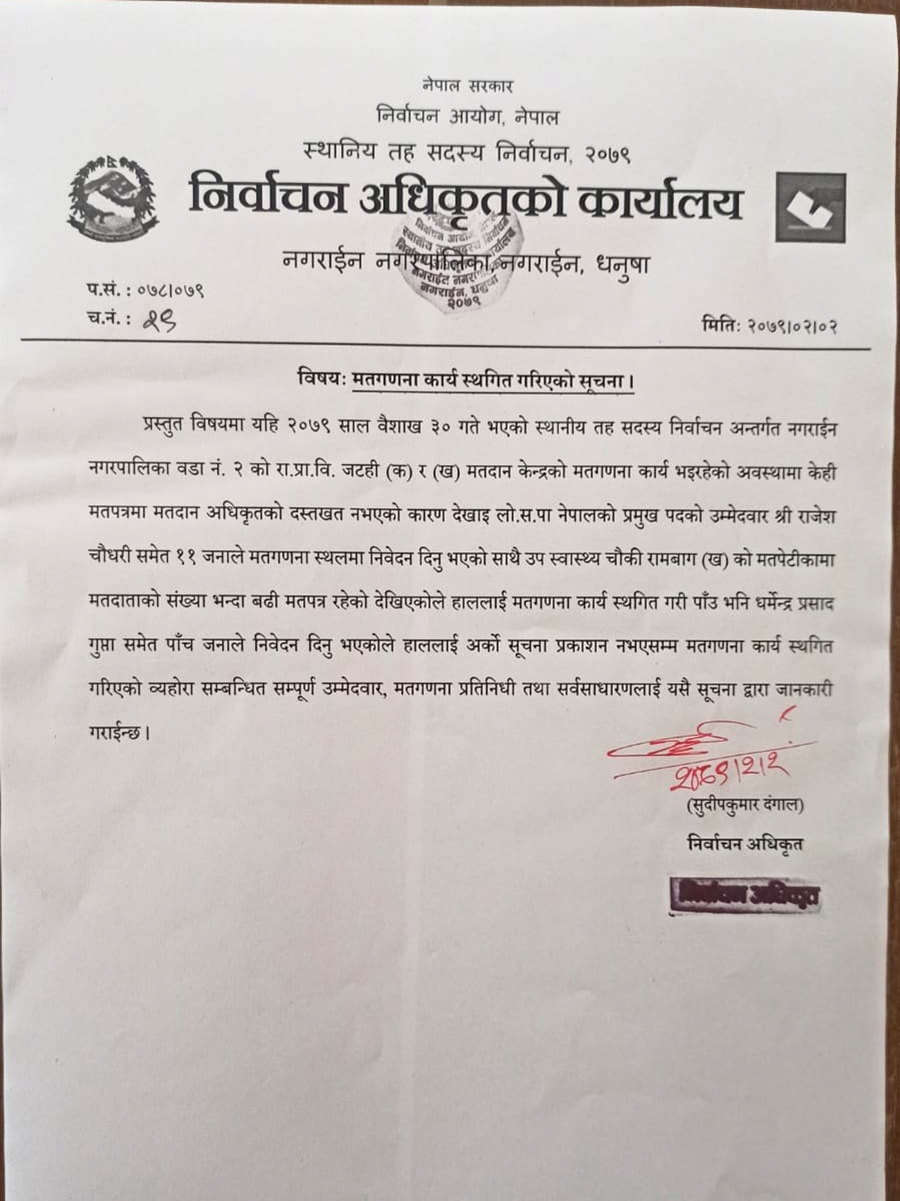 नगराइन नगरपालिका-२ को मतमणना स्थगित