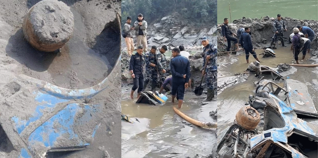 त्रिशूली किनारामा पुरिएको बस निकाल्ने प्रयास सकस