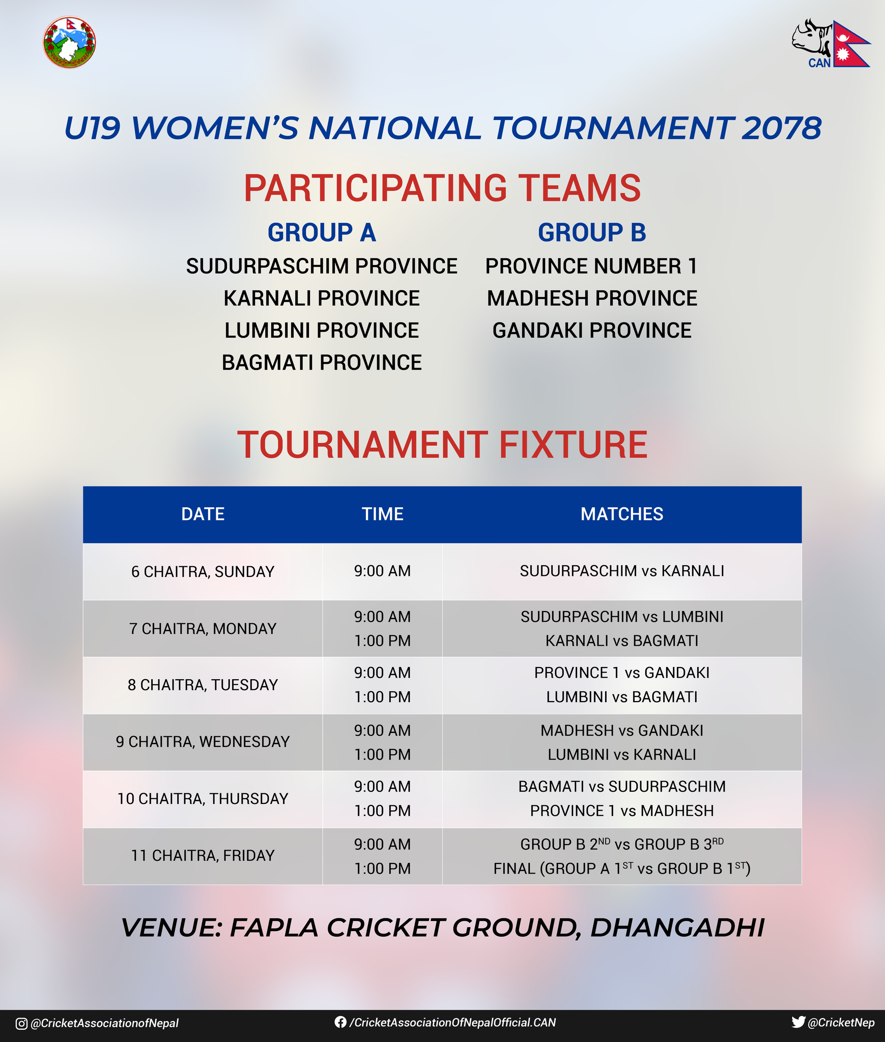 यु-१९ राष्ट्रिय महिला क्रिकेट प्रतियोगिताको खेल तालिका सार्वजनिक