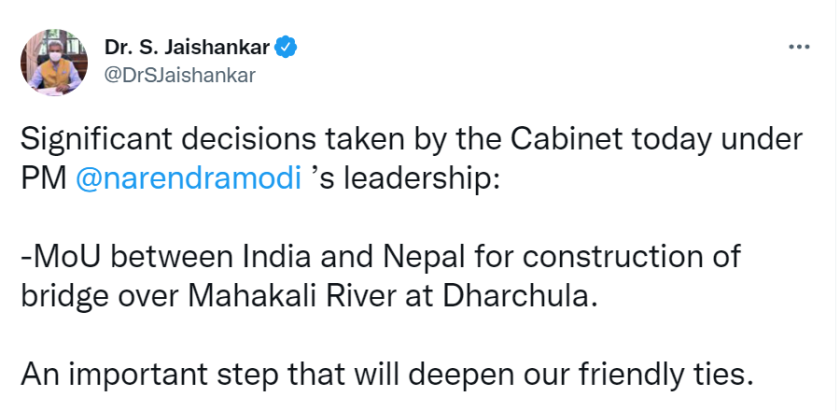 भारतीय मन्त्रिपरिषद्को निर्णय : दार्चुला र धार्चुला जोड्ने महाकाली नदीमा पुल बन्ने
