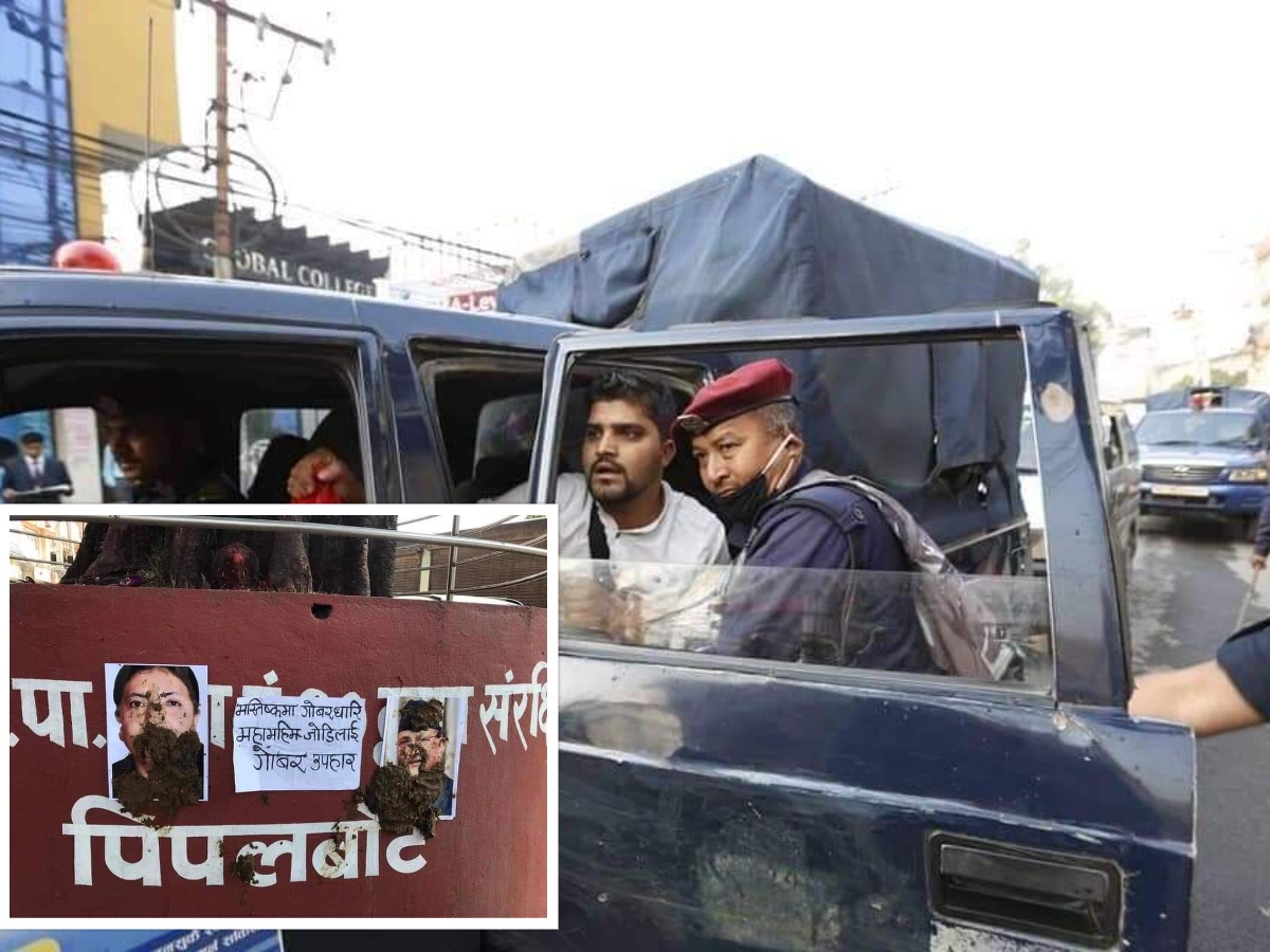 नेविसंघद्धारा राष्ट्रपति र प्रधानमन्त्रीको तस्बिरमा गोबर प्रहार, एक विद्यार्थी नेता पक्राउ