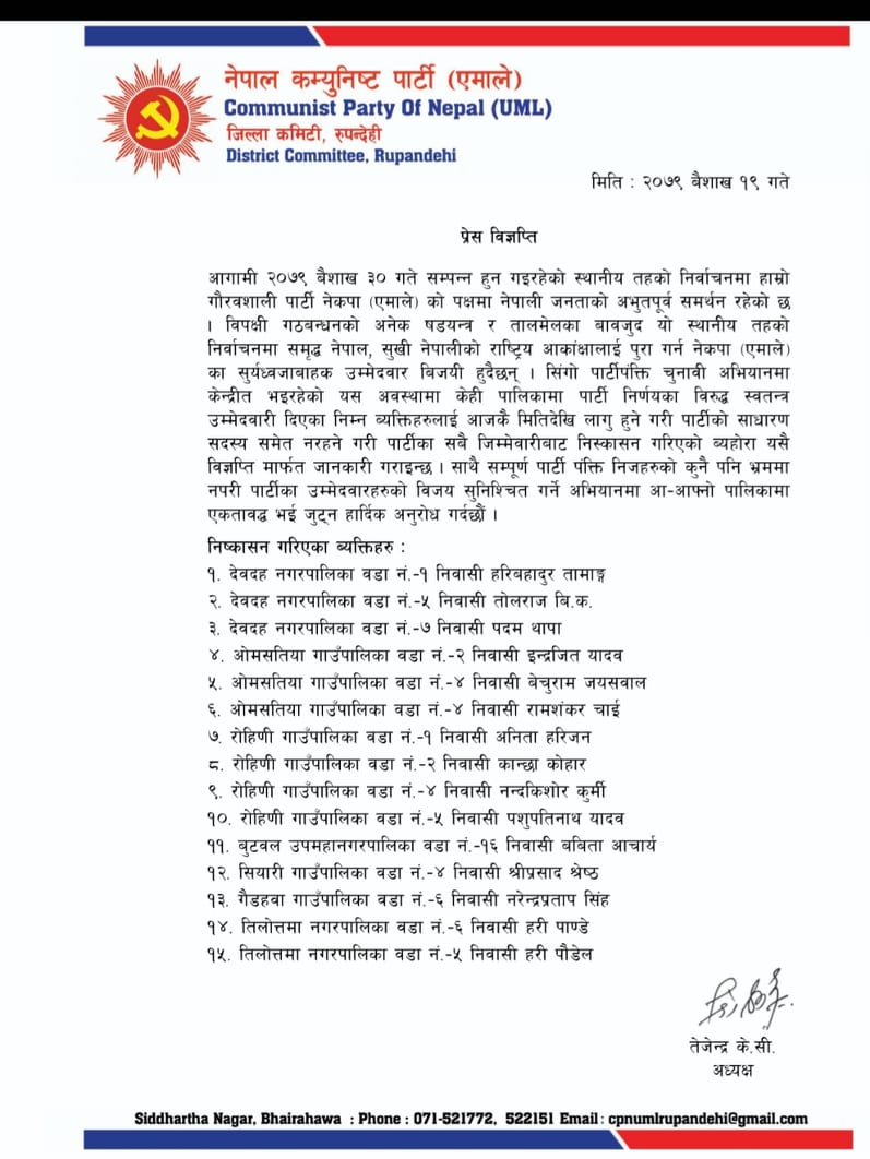निर्णय नमानी बागी उठेका १५ जनालाई एमालेले पार्टीबाटै निकाल्यो